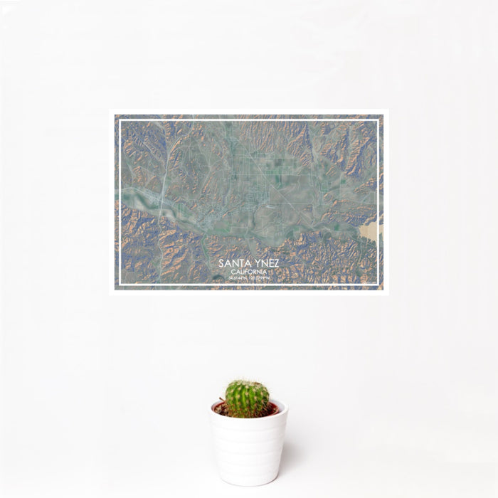 12x18 Santa Ynez California Map Print Landscape Orientation in Afternoon Style With Small Cactus Plant in White Planter