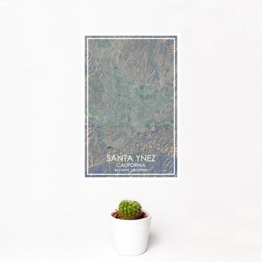 12x18 Santa Ynez California Map Print Portrait Orientation in Afternoon Style With Small Cactus Plant in White Planter