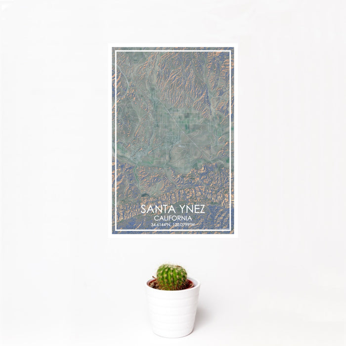 12x18 Santa Ynez California Map Print Portrait Orientation in Afternoon Style With Small Cactus Plant in White Planter