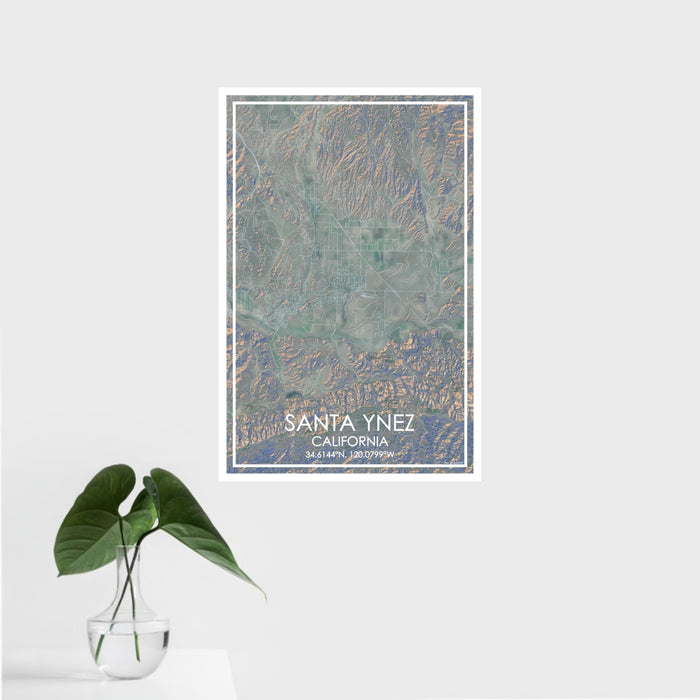 16x24 Santa Ynez California Map Print Portrait Orientation in Afternoon Style With Tropical Plant Leaves in Water