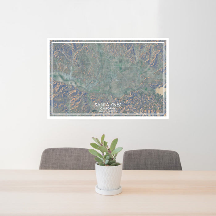 24x36 Santa Ynez California Map Print Lanscape Orientation in Afternoon Style Behind 2 Chairs Table and Potted Plant