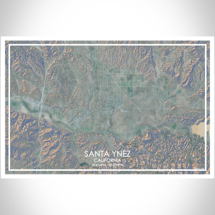 Santa Ynez California Map Print Landscape Orientation in Afternoon Style With Shaded Background