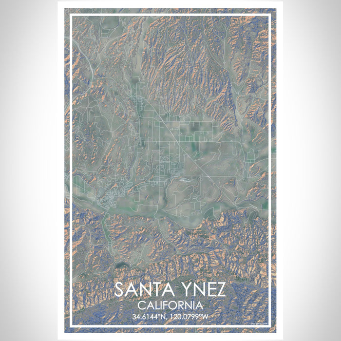 Santa Ynez California Map Print Portrait Orientation in Afternoon Style With Shaded Background