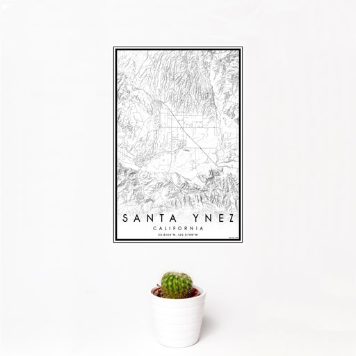 12x18 Santa Ynez California Map Print Portrait Orientation in Classic Style With Small Cactus Plant in White Planter