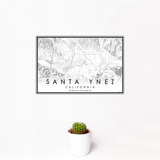 12x18 Santa Ynez California Map Print Landscape Orientation in Classic Style With Small Cactus Plant in White Planter