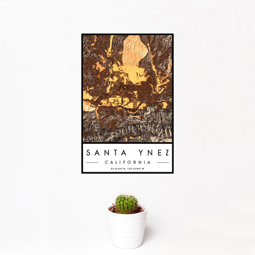 12x18 Santa Ynez California Map Print Portrait Orientation in Ember Style With Small Cactus Plant in White Planter