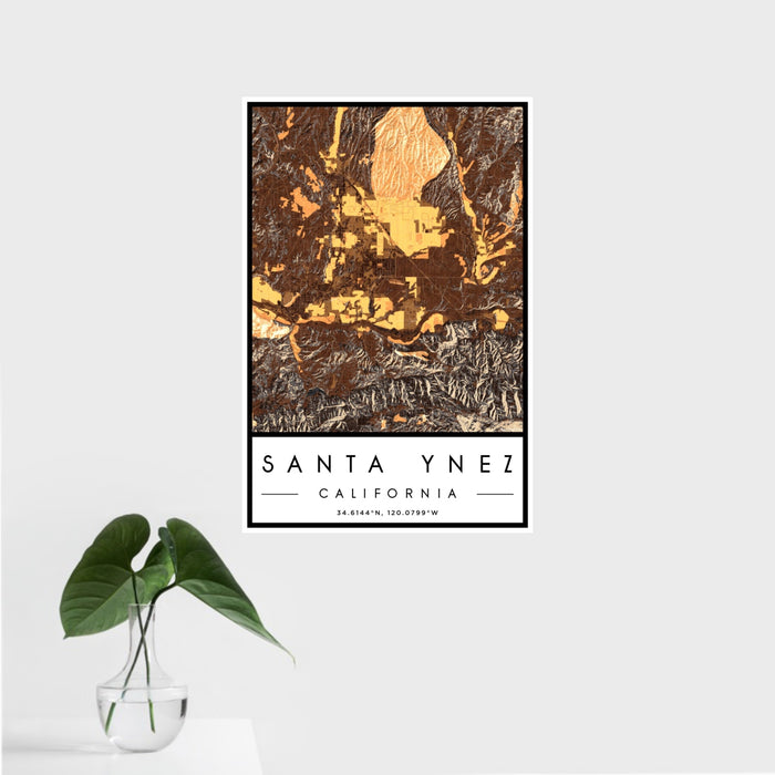 16x24 Santa Ynez California Map Print Portrait Orientation in Ember Style With Tropical Plant Leaves in Water