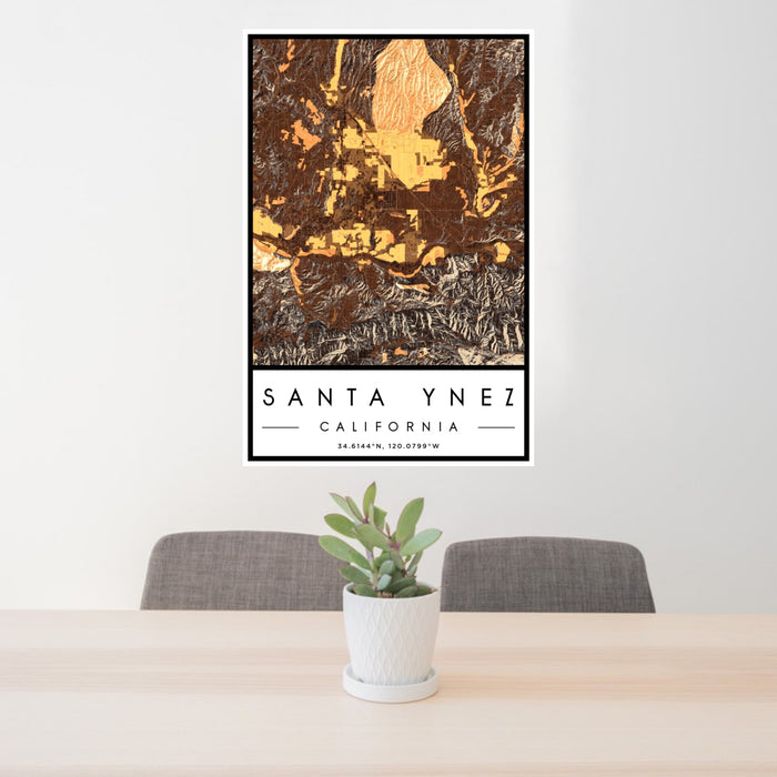 24x36 Santa Ynez California Map Print Portrait Orientation in Ember Style Behind 2 Chairs Table and Potted Plant
