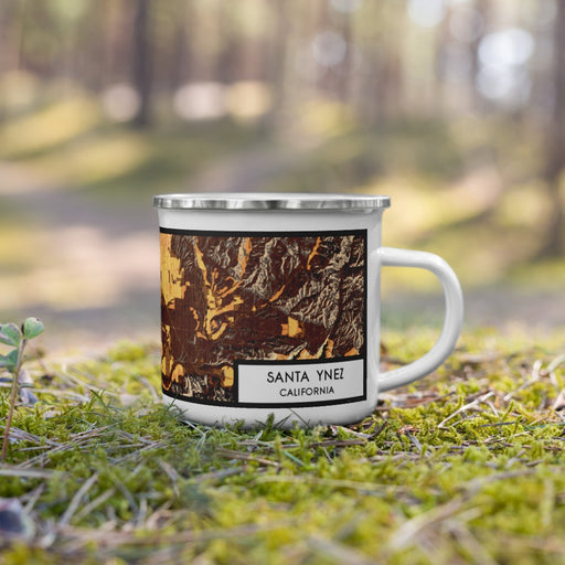 Right View Custom Santa Ynez California Map Enamel Mug in Ember on Grass With Trees in Background