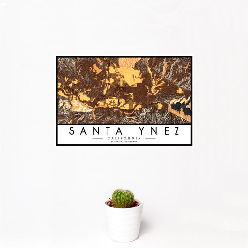 12x18 Santa Ynez California Map Print Landscape Orientation in Ember Style With Small Cactus Plant in White Planter