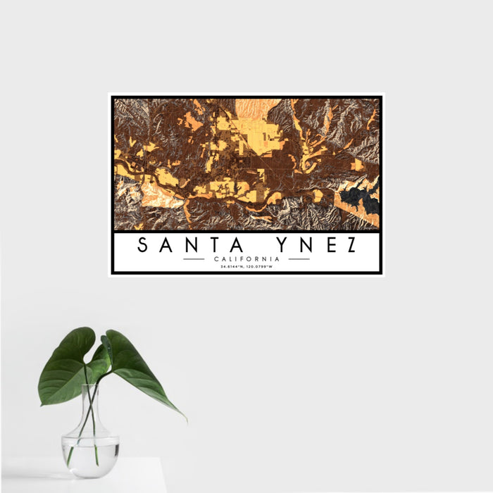 16x24 Santa Ynez California Map Print Landscape Orientation in Ember Style With Tropical Plant Leaves in Water