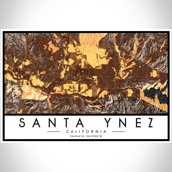Santa Ynez California Map Print Landscape Orientation in Ember Style With Shaded Background