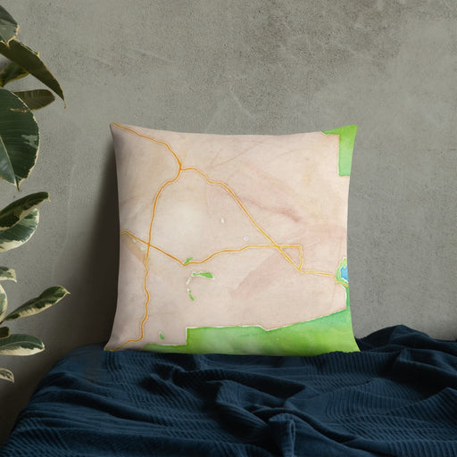 Custom Santa Ynez California Map Throw Pillow in Watercolor on Bedding Against Wall