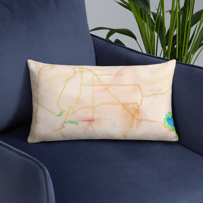 Custom Santa Ynez California Map Throw Pillow in Watercolor on Blue Colored Chair