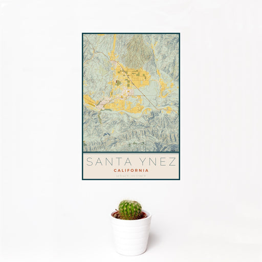 12x18 Santa Ynez California Map Print Portrait Orientation in Woodblock Style With Small Cactus Plant in White Planter