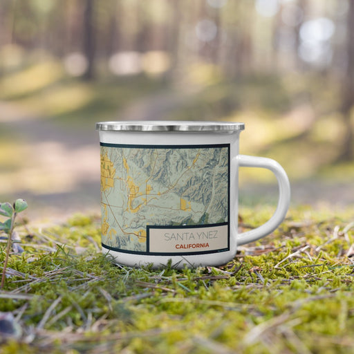 Right View Custom Santa Ynez California Map Enamel Mug in Woodblock on Grass With Trees in Background