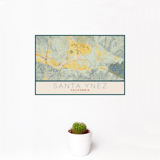 12x18 Santa Ynez California Map Print Landscape Orientation in Woodblock Style With Small Cactus Plant in White Planter
