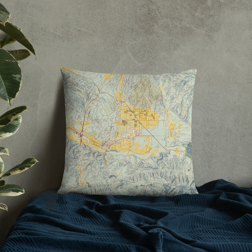 Custom Santa Ynez California Map Throw Pillow in Woodblock on Bedding Against Wall