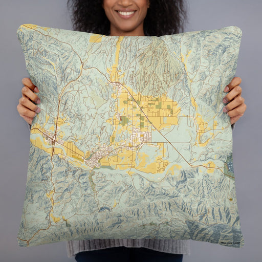Person holding 22x22 Custom Santa Ynez California Map Throw Pillow in Woodblock