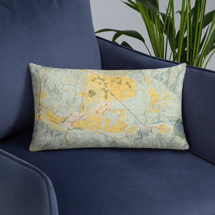 Custom Santa Ynez California Map Throw Pillow in Woodblock on Blue Colored Chair