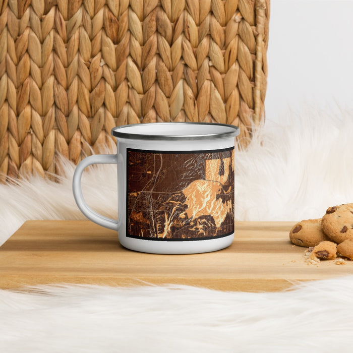 Left View Custom Santee California Map Enamel Mug in Ember on Table Top
