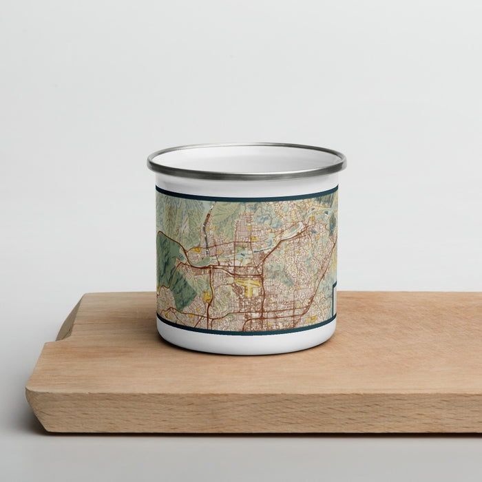 Front View Custom Santee California Map Enamel Mug in Woodblock on Cutting Board