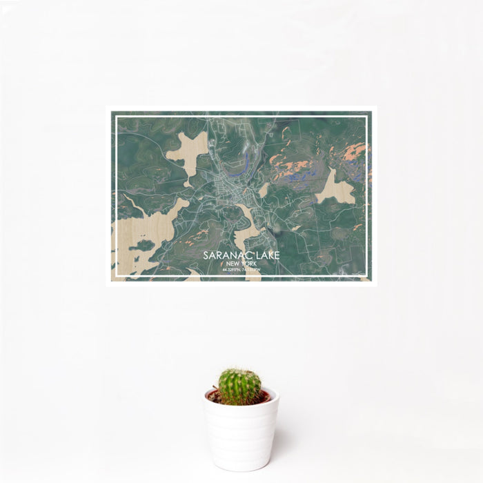 12x18 Saranac Lake New York Map Print Landscape Orientation in Afternoon Style With Small Cactus Plant in White Planter