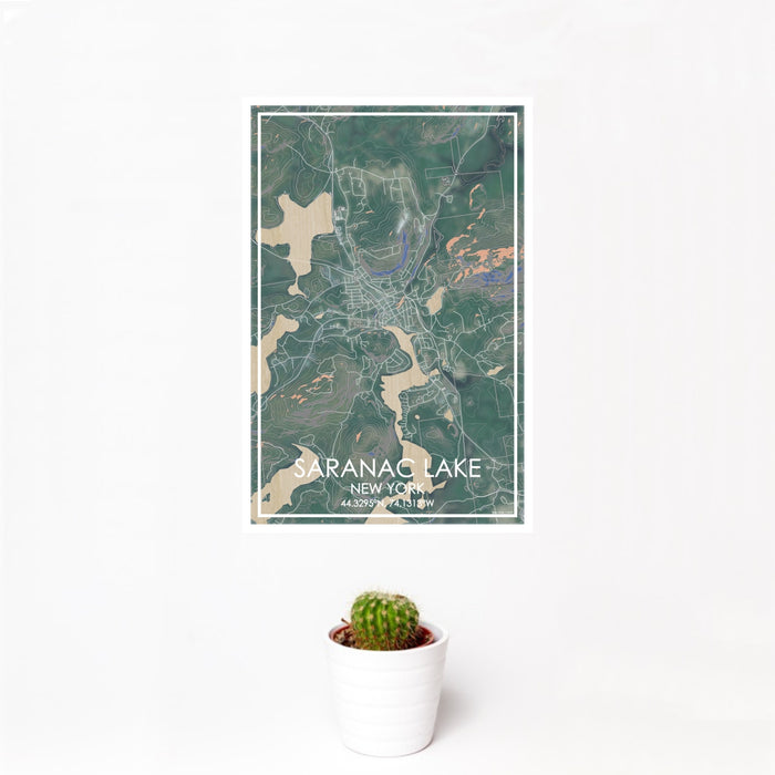 12x18 Saranac Lake New York Map Print Portrait Orientation in Afternoon Style With Small Cactus Plant in White Planter