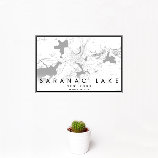 12x18 Saranac Lake New York Map Print Landscape Orientation in Classic Style With Small Cactus Plant in White Planter