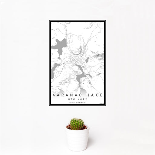 12x18 Saranac Lake New York Map Print Portrait Orientation in Classic Style With Small Cactus Plant in White Planter