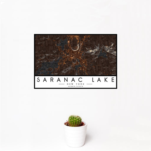 12x18 Saranac Lake New York Map Print Landscape Orientation in Ember Style With Small Cactus Plant in White Planter