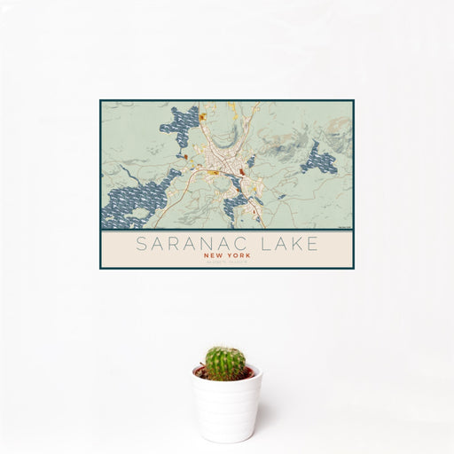 12x18 Saranac Lake New York Map Print Landscape Orientation in Woodblock Style With Small Cactus Plant in White Planter