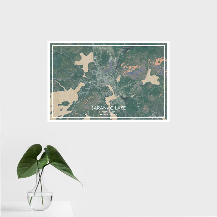 16x24 Saranac Lake New York Map Print Landscape Orientation in Afternoon Style With Tropical Plant Leaves in Water