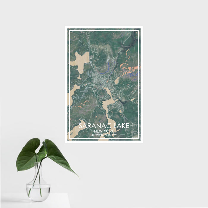 16x24 Saranac Lake New York Map Print Portrait Orientation in Afternoon Style With Tropical Plant Leaves in Water