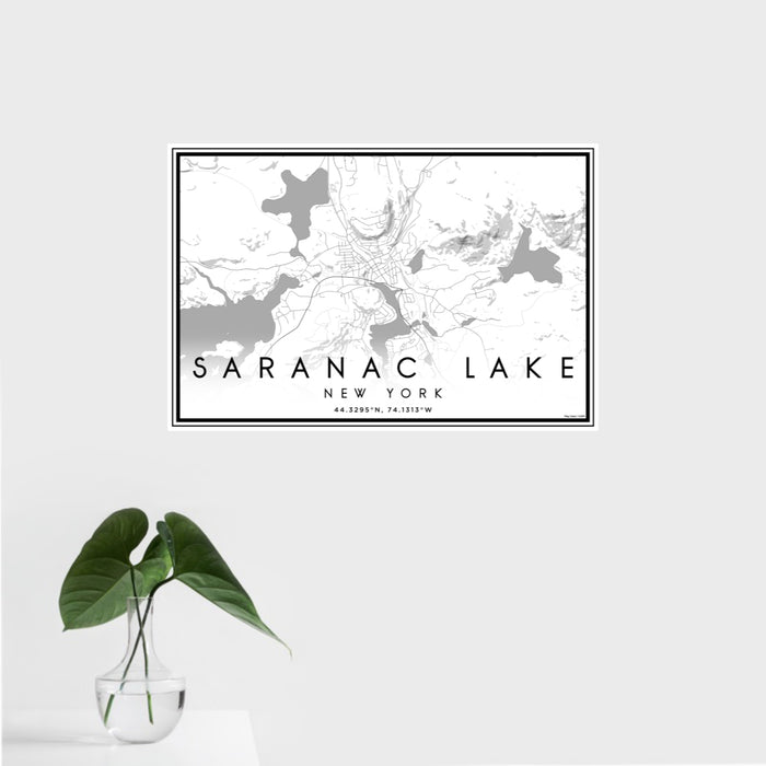 16x24 Saranac Lake New York Map Print Landscape Orientation in Classic Style With Tropical Plant Leaves in Water