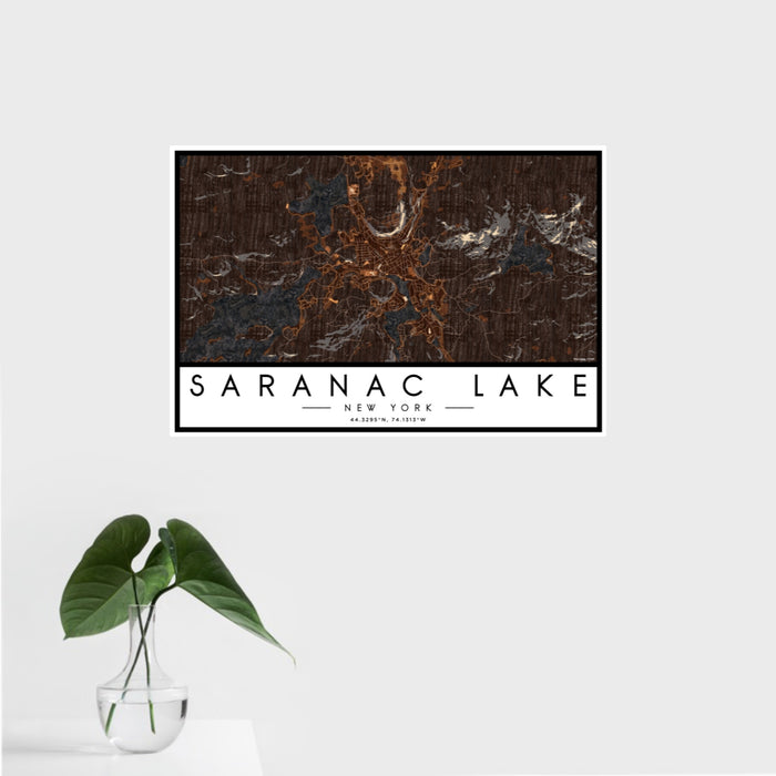 16x24 Saranac Lake New York Map Print Landscape Orientation in Ember Style With Tropical Plant Leaves in Water