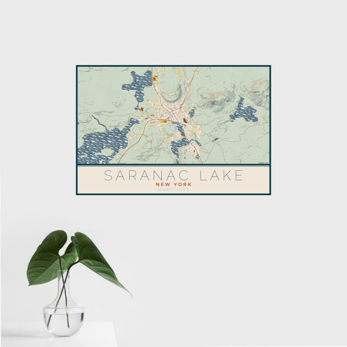 16x24 Saranac Lake New York Map Print Landscape Orientation in Woodblock Style With Tropical Plant Leaves in Water