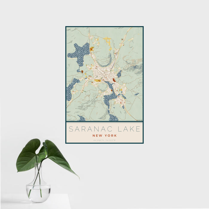 16x24 Saranac Lake New York Map Print Portrait Orientation in Woodblock Style With Tropical Plant Leaves in Water