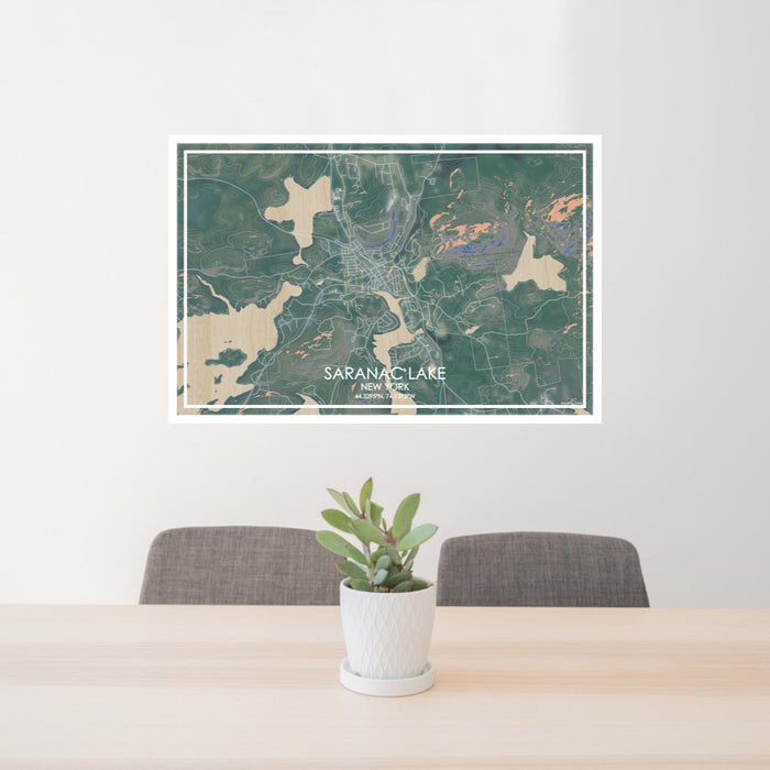 24x36 Saranac Lake New York Map Print Lanscape Orientation in Afternoon Style Behind 2 Chairs Table and Potted Plant