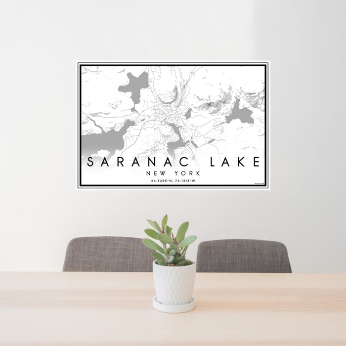 24x36 Saranac Lake New York Map Print Lanscape Orientation in Classic Style Behind 2 Chairs Table and Potted Plant