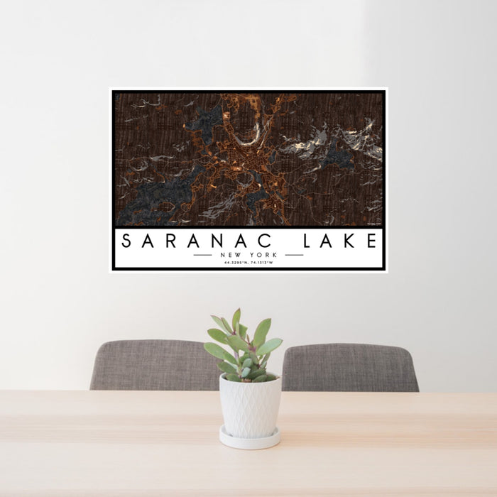 24x36 Saranac Lake New York Map Print Lanscape Orientation in Ember Style Behind 2 Chairs Table and Potted Plant