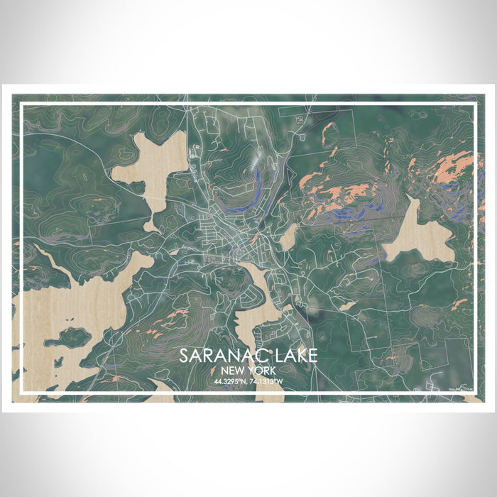 Saranac Lake New York Map Print Landscape Orientation in Afternoon Style With Shaded Background