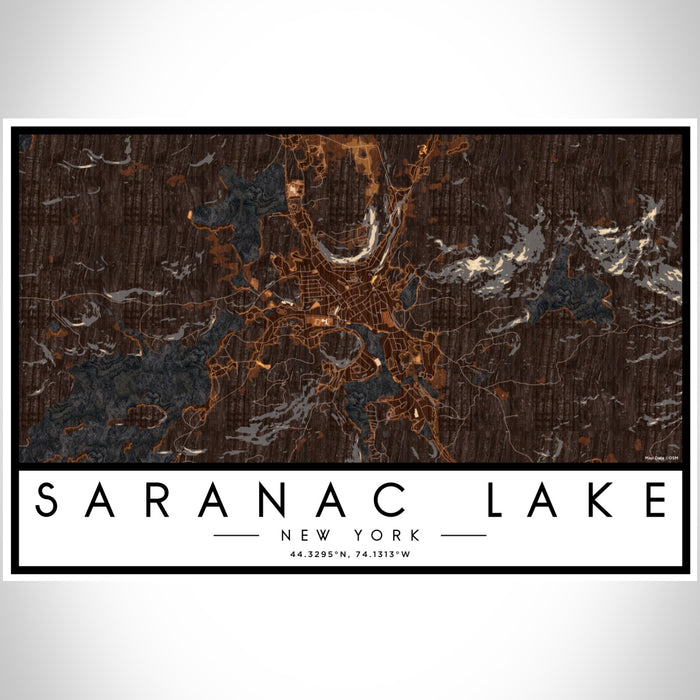 Saranac Lake New York Map Print Landscape Orientation in Ember Style With Shaded Background