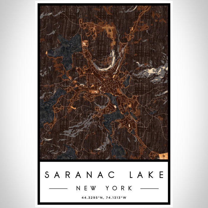 Saranac Lake New York Map Print Portrait Orientation in Ember Style With Shaded Background