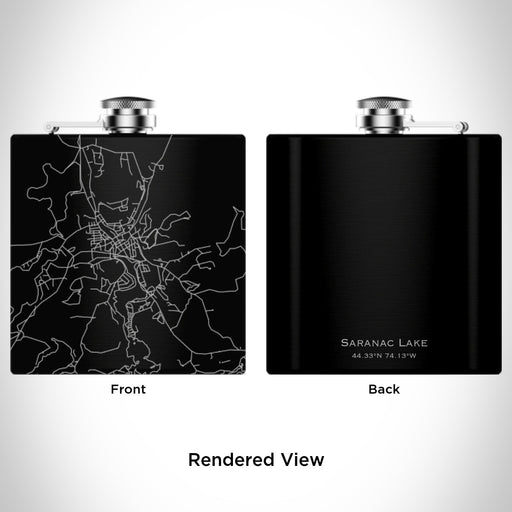 Rendered View of Saranac Lake New York Map Engraving on 6oz Stainless Steel Flask in Black