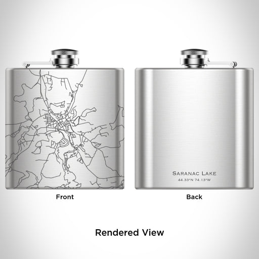 Rendered View of Saranac Lake New York Map Engraving on 6oz Stainless Steel Flask