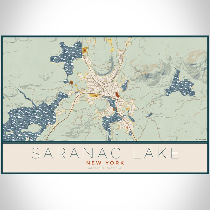 Saranac Lake New York Map Print Landscape Orientation in Woodblock Style With Shaded Background