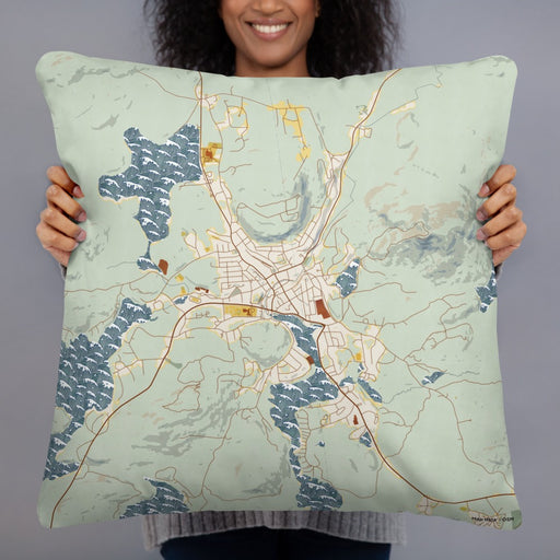 Person holding 22x22 Custom Saranac Lake New York Map Throw Pillow in Woodblock