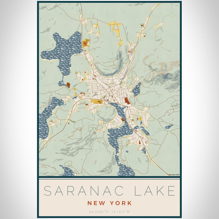 Saranac Lake New York Map Print Portrait Orientation in Woodblock Style With Shaded Background