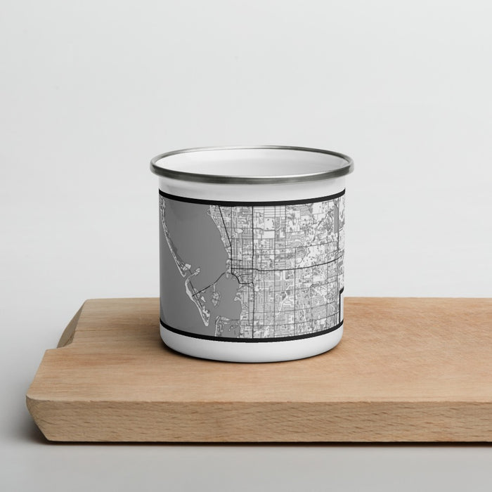 Front View Custom Sarasota Florida Map Enamel Mug in Classic on Cutting Board